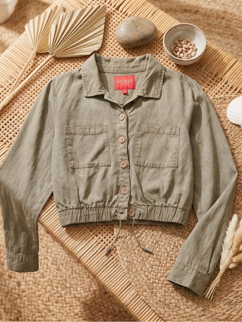 GUESS Women’s Cropped Utility Jacket - Olive Green Lightweight Shacket